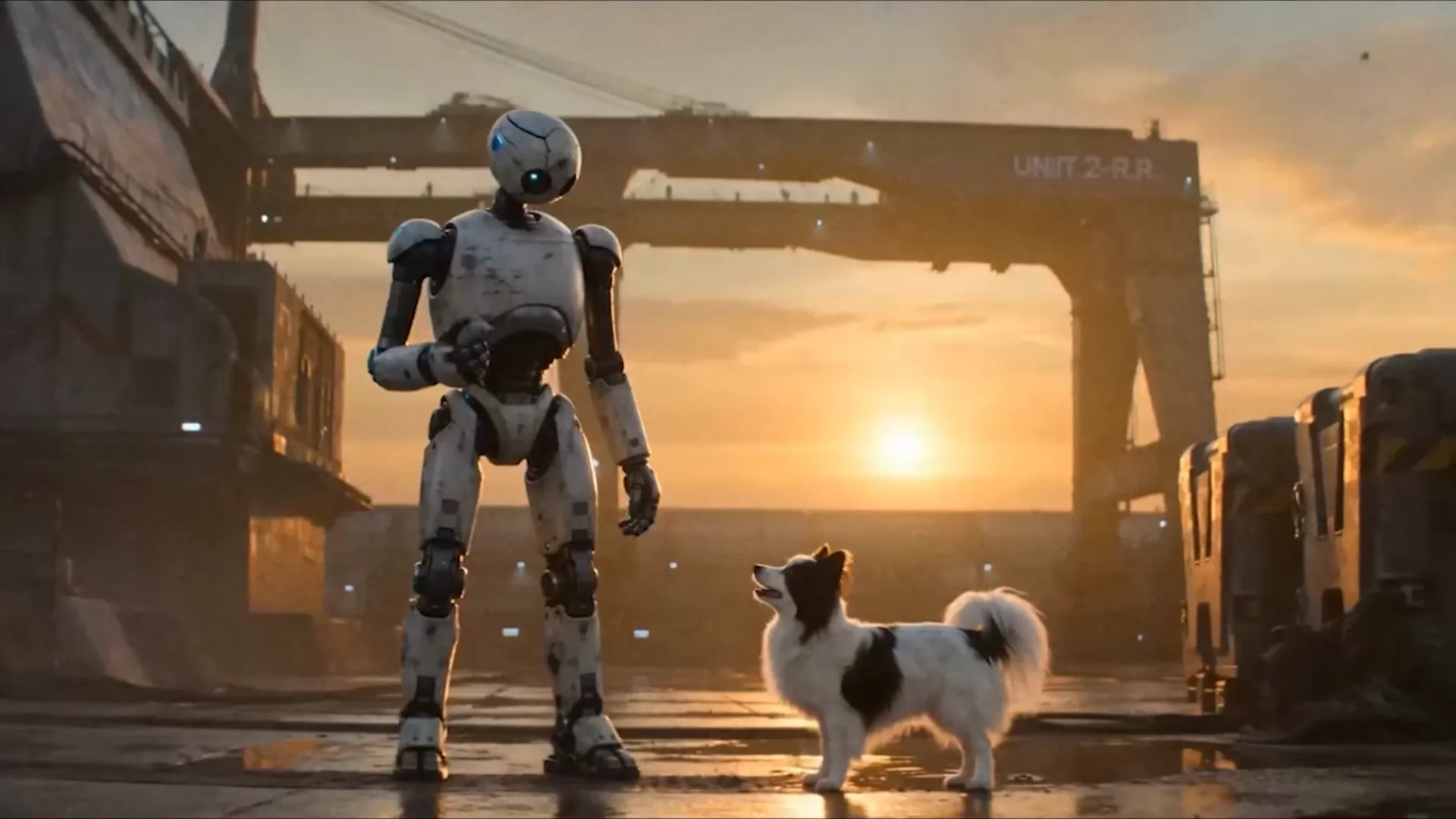Hello World filminden bir kare: gün batımında bir robot ve Çıtır, üzerinde elle çizilmiş kırpım çerçeveleri